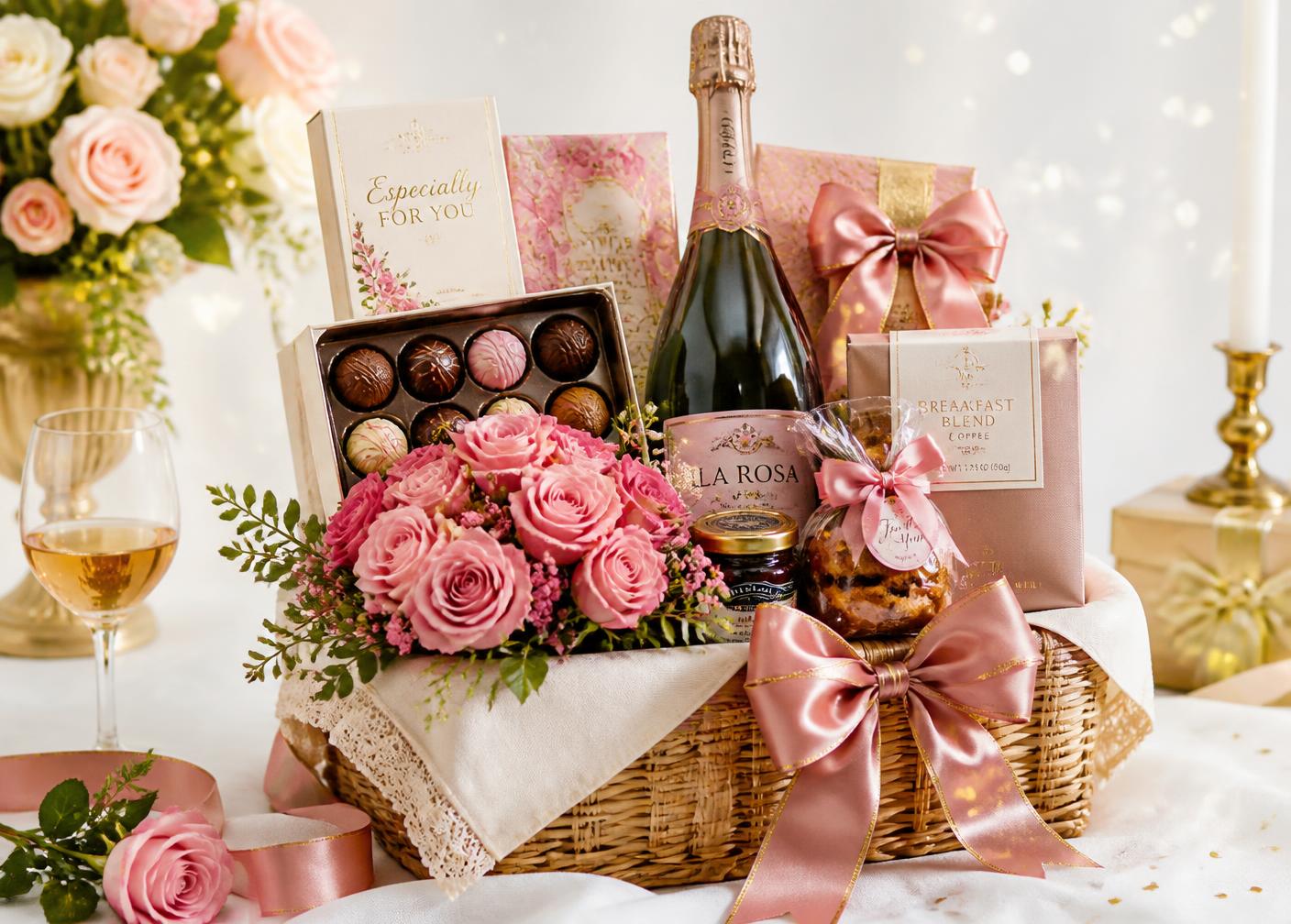 Cesta de presente com rosas, chocolates, espumante e laços em rosa e dourado